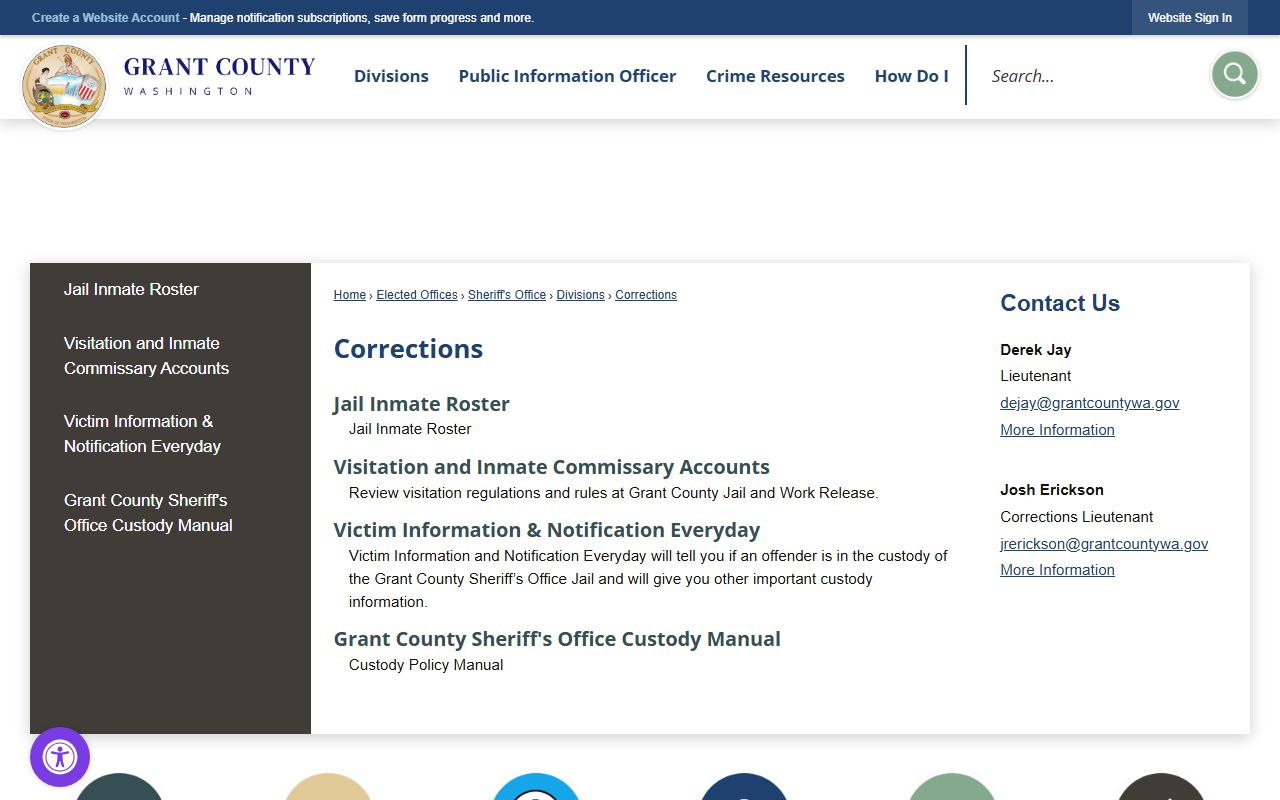 Grant County Jail corrections page for inmate lookup
