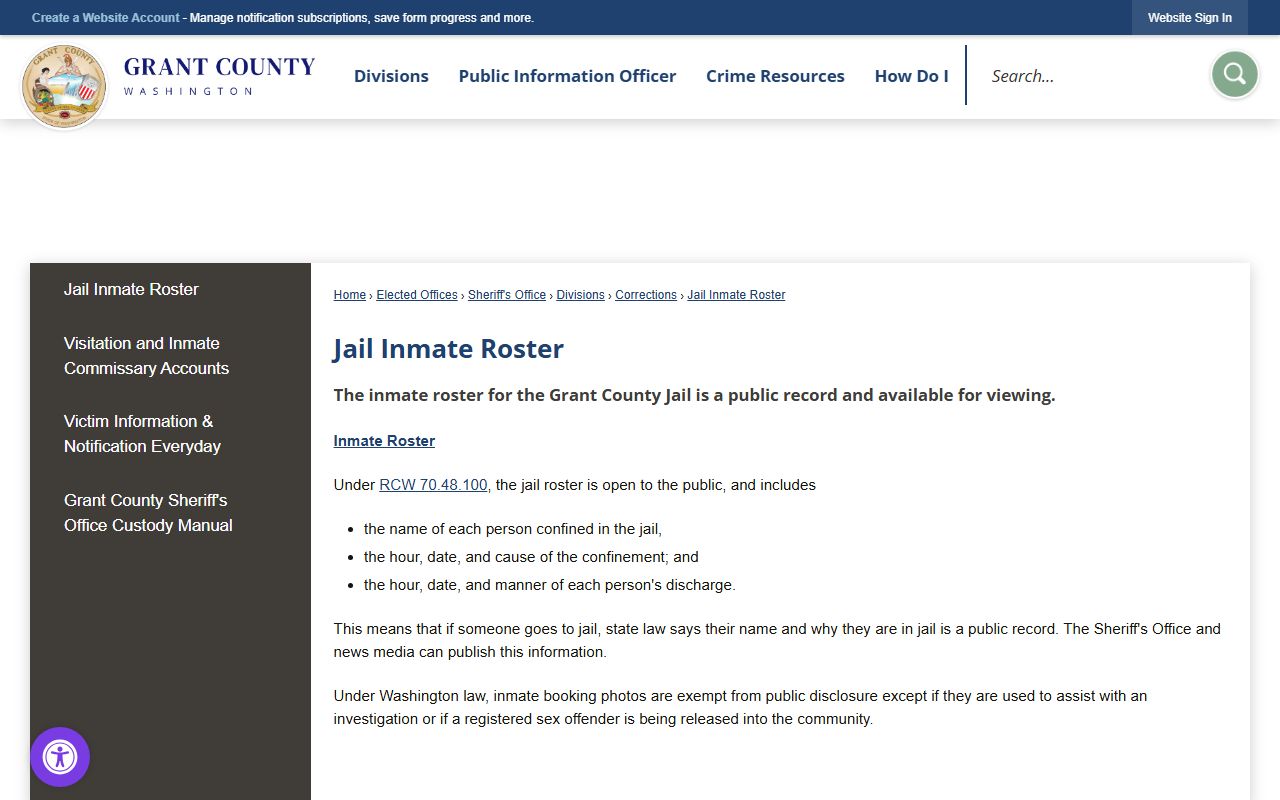 Grant County inmate population jail roster link page