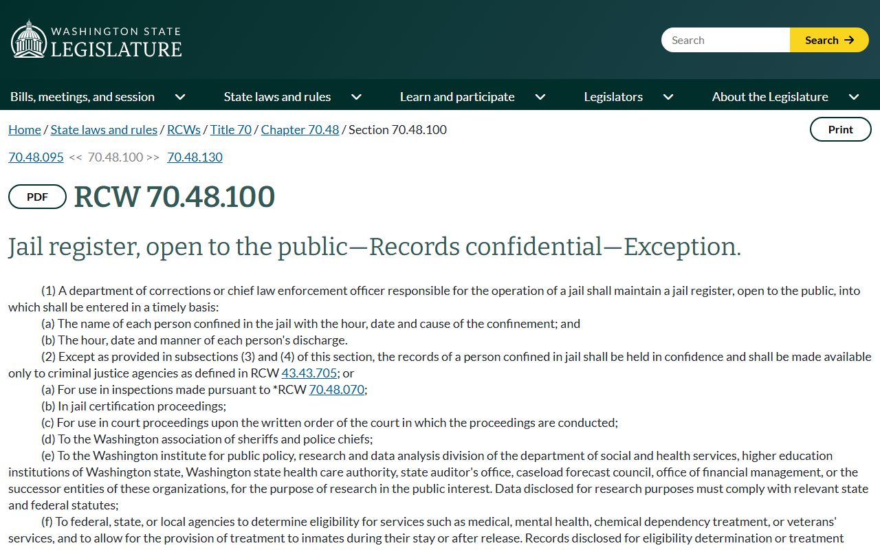 Washington RCW 70.48.100 jail register statute page
